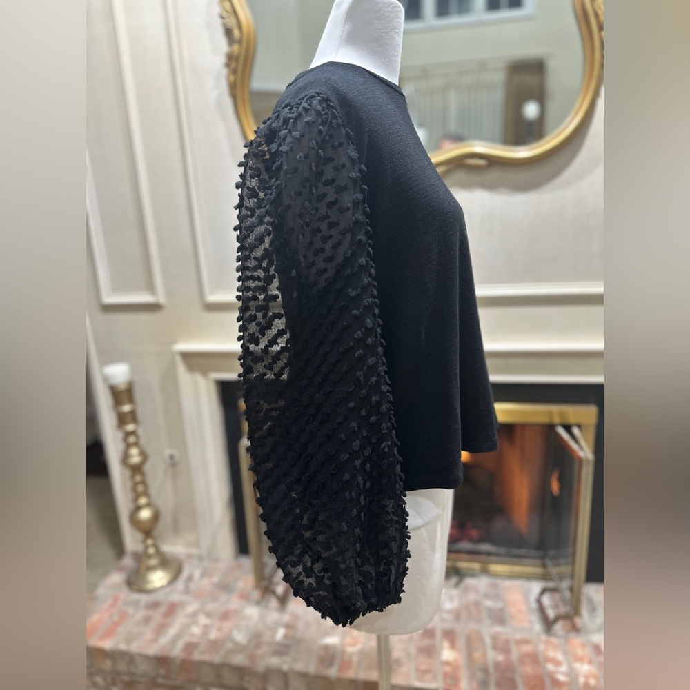 Maeve Anthropologie‎ Black Balloon Sleeve Textured Crop Top Size L Romantic Chic - Picture 7 of 10